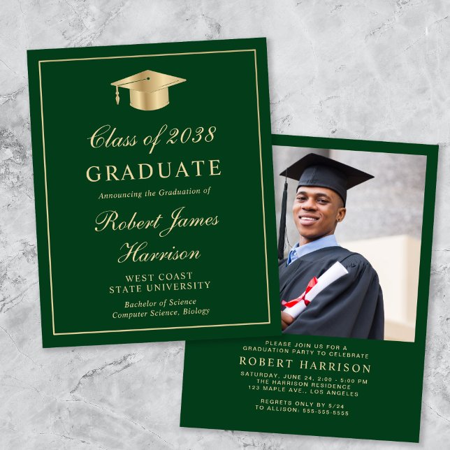 Papier Budget Photo Green Gold Graduation Party Invitatio (An elegant college graduation party invitation to celebrate the graduate's achievements)