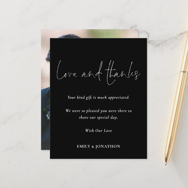 Papier Budget Photo Mariage Love Merci Script Black (Devant/Arrière en situation)