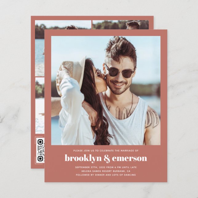 Papier Budget Photo moderne QR Code Faire-part de mariage (Devant / Derrière)