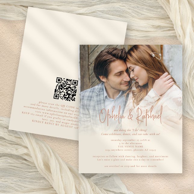 Papier Budget Photo Overlay QR Terracotta Cream Mariage (Front and back view. Smaller 4.5 x 5.6" budget price invitation)