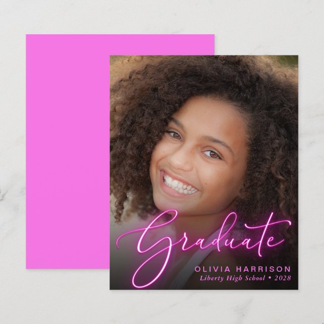 Papier Budget Photo Pink Neon Graduation Faire-part (Devant / Derrière)