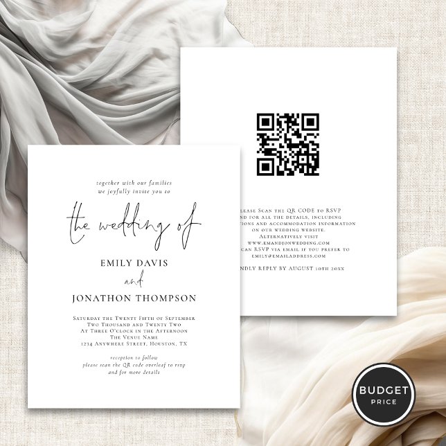 Papier Budget Photo QR Code Elégant Script Wedding Invita (Front and back view)