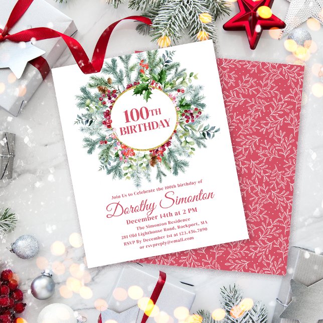 Papier Budget Pine Holly Berry Invitation 100e anniversai (Need a matching welcome sign? Maybe napkins or paper plates. Something else? Message me!)