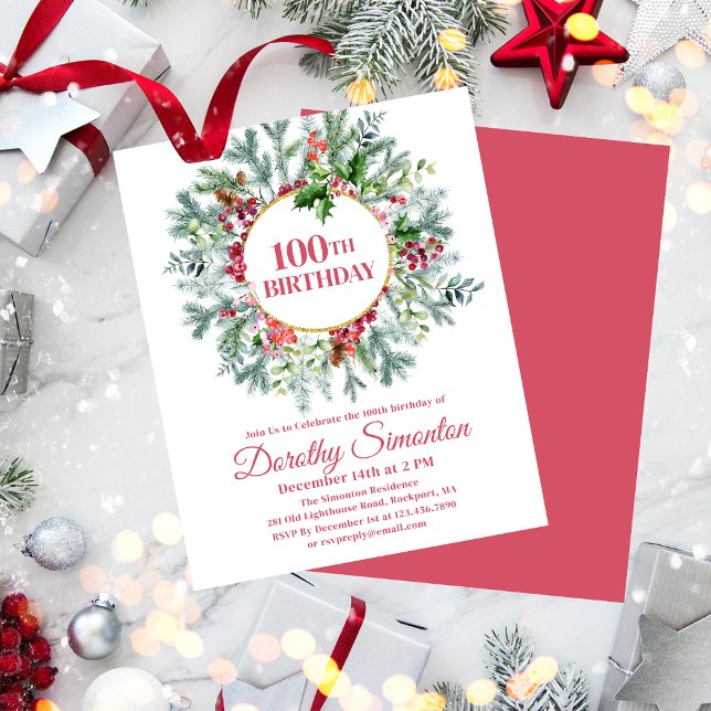 Papier Budget Pine Holly Berry Invitation 100e anniversai (Need a matching welcome sign? Napkins, paper plates, something else. Message me!)