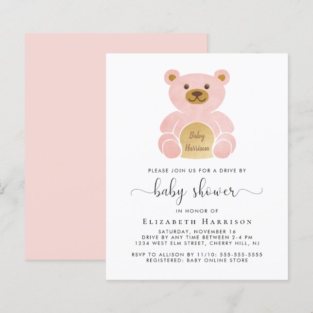 Papier Budget Pink Bear Drive Par Baby shower Invitation (Devant / Derrière)