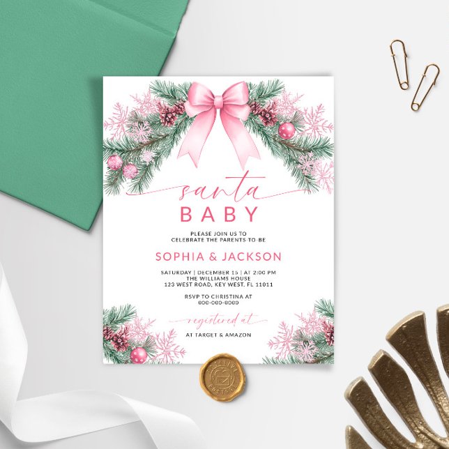 Papier Budget Pink Bow Noël Père Noël Baby shower Invitat (Créateur téléchargé)