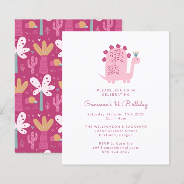 Papier Budget Pink Dinosaur 1er anniversaire Invitation (Devant / Derrière)