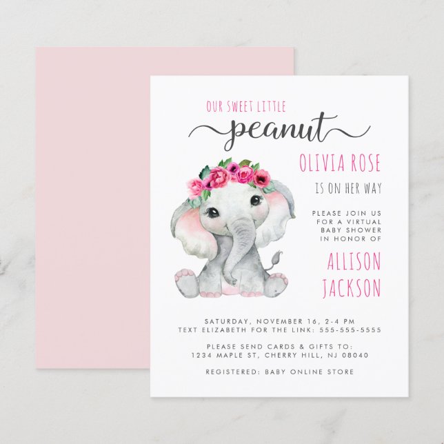 Papier Budget Pink Elephant Baby Girl Douche virtuelle (Devant / Derrière)