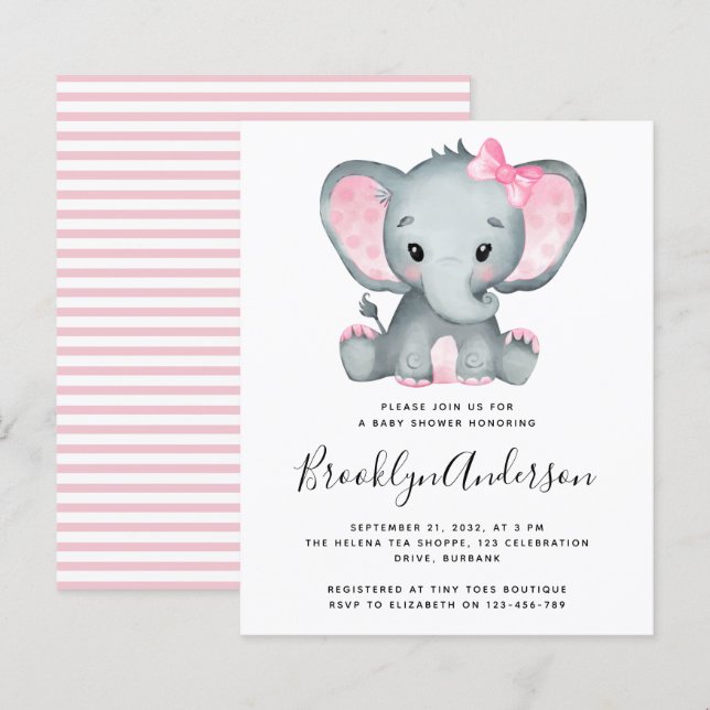 Papier BUDGET Pink Elephant Baby shower Invitation (Devant / Derrière)