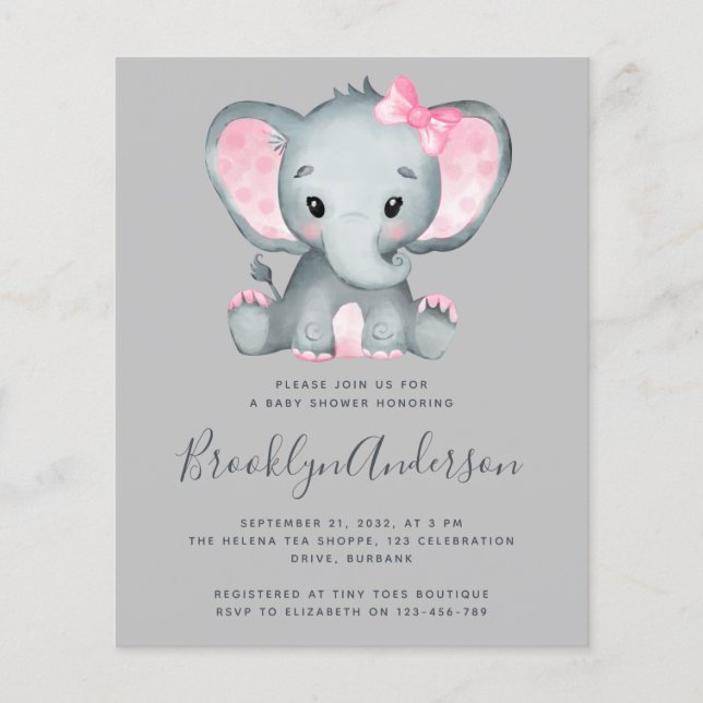 Papier BUDGET Pink Elephant Baby shower Invitation (Devant)