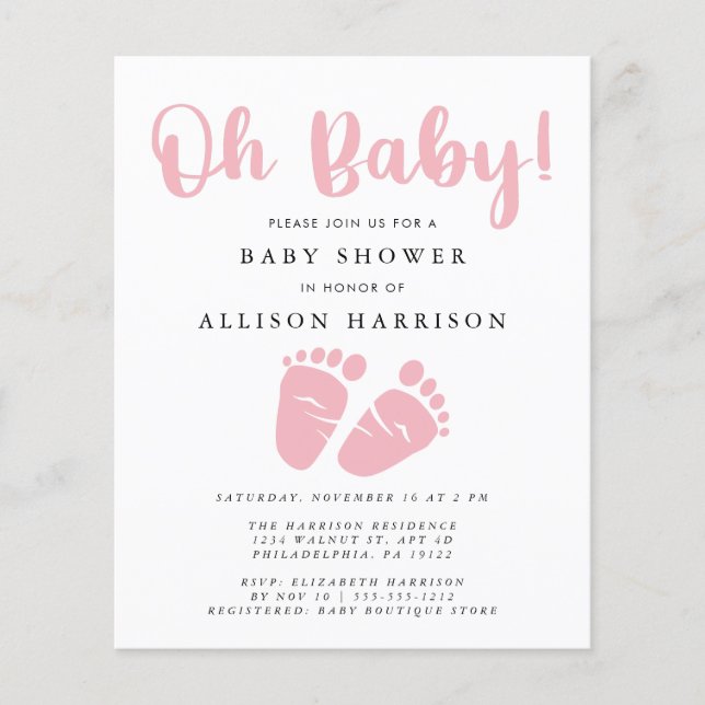 Papier Budget Pink Feet Baby Girl Douche Invitation (Devant)