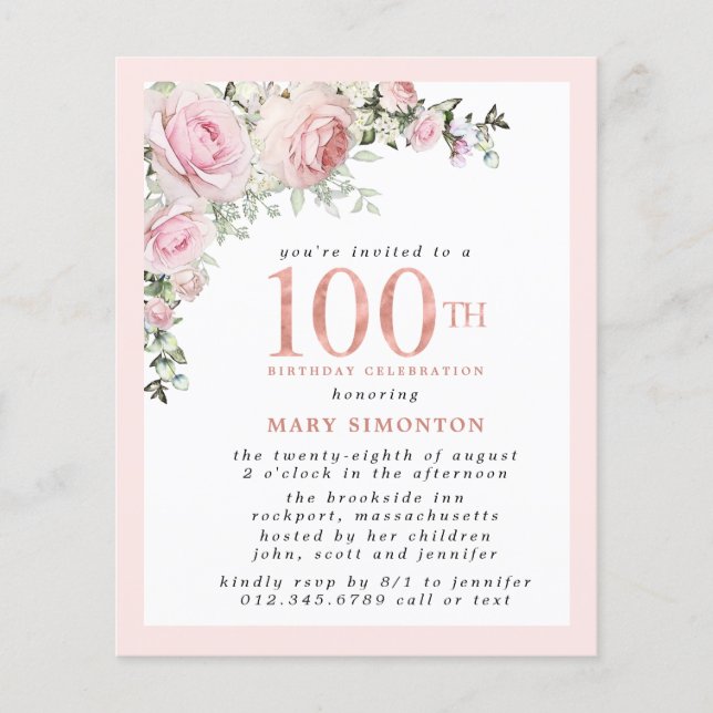 Papier BUDGET Pink Floral 100e anniversaire Invitation (Devant)