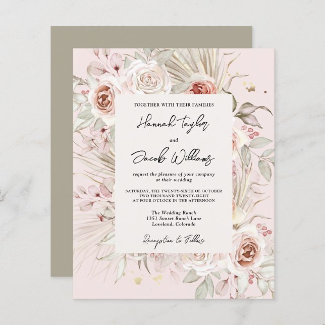 Papier Budget PInk Floral Boho Rustic Faire-part de maria (Devant / Derrière)