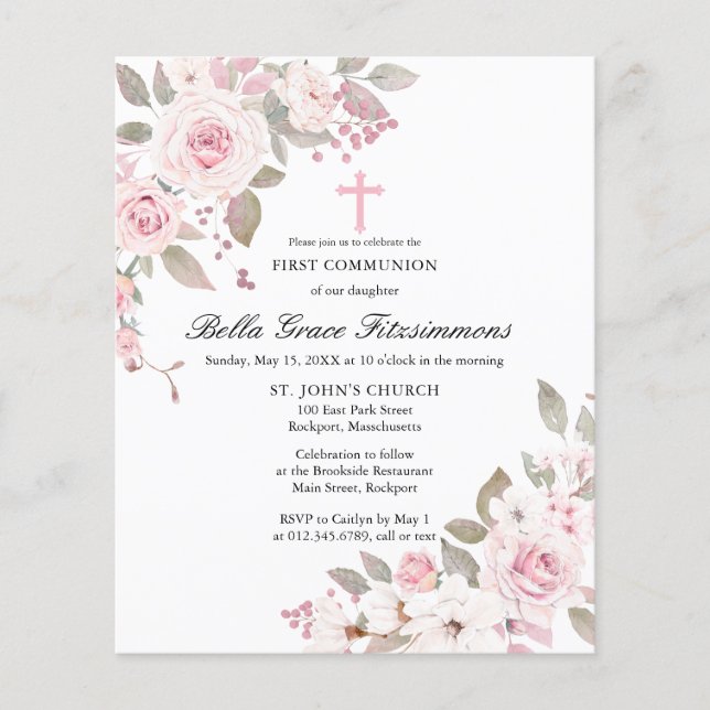Papier Budget Pink Floral First Holy Communion Invitation (Devant)