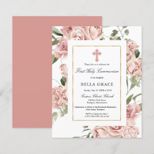 Papier Budget Pink Floral First Holy Communion Invitation