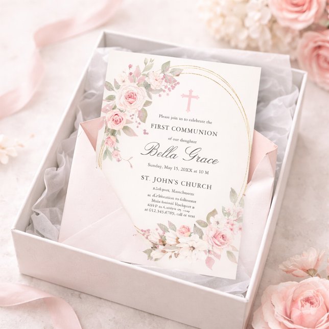 Papier Budget Pink Floral First Holy Communion Invitation (Créateur téléchargé)