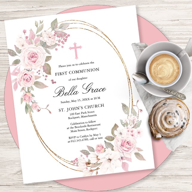 Papier Budget Pink Floral First Holy Communion Invitation (Créateur téléchargé)