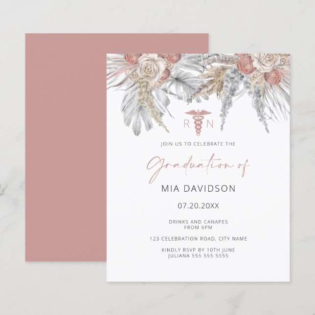 Papier Budget Pink Floral Nursing Graduation Invitation (Devant / Derrière)