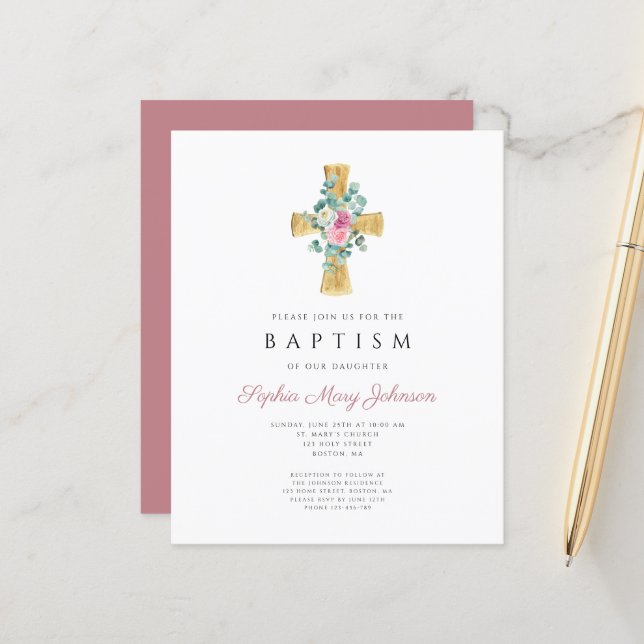 Papier Budget Pink Floral Peonies Cross Baptism Invitatio (Devant/Arrière en situation)