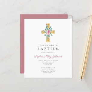 Papier Budget Pink Floral Peonies Cross Baptism Invitatio