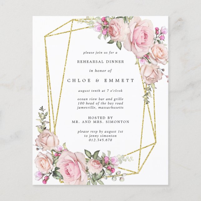 Papier Budget Pink Floral Rehearer Dîner Invitation (Devant)