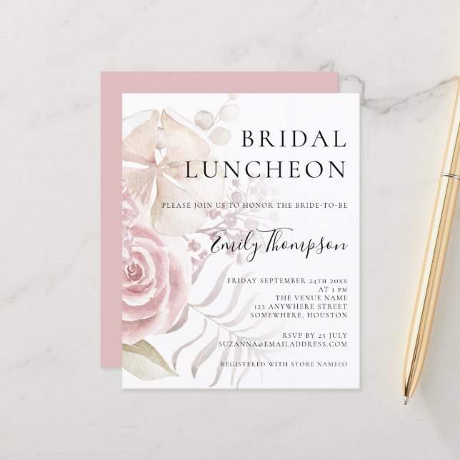 Papier Budget Pink Florals Fête des mariées Invitation de (Devant/Arrière en situation)