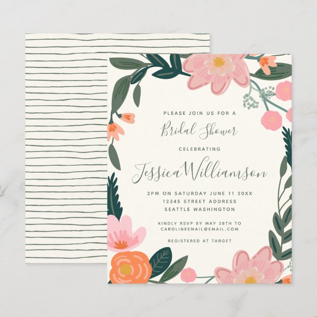 Papier Budget Pink Garden Floral Fête des mariées Invitat (Devant / Derrière)