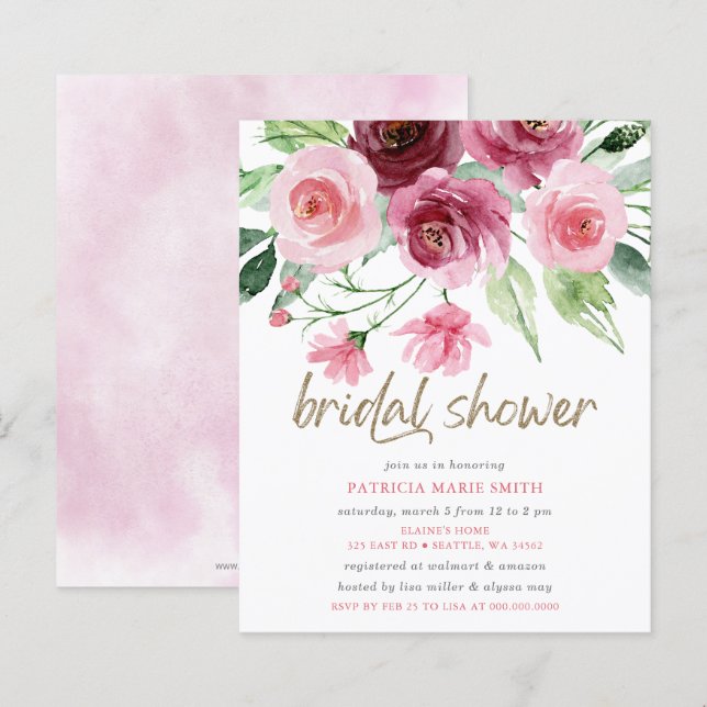 Papier Budget Pink Gold Burgundy Floral Fête des mariées (Devant / Derrière)