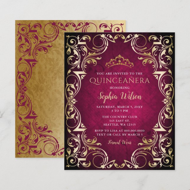 Papier Budget Pink Gold Tiara Quinceañera Invitation (Devant / Derrière)