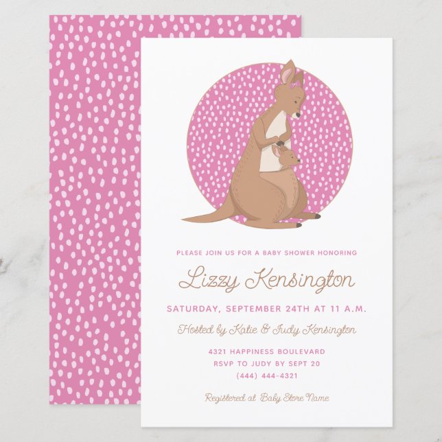 Papier Budget Pink Kangaroo Baby Girl Shower Invitation (Devant / Derrière)