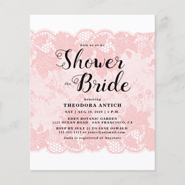 Papier Budget Pink Lace Bridal Shower Invitation (Devant)
