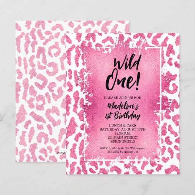 Papier Budget Pink Leopard Wild Un 1er anniversaire Invit (Devant / Derrière)