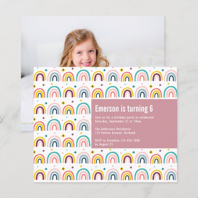 Papier BUDGET Pink Rainbows Invitation de fête d'annivers (Devant / Derrière)