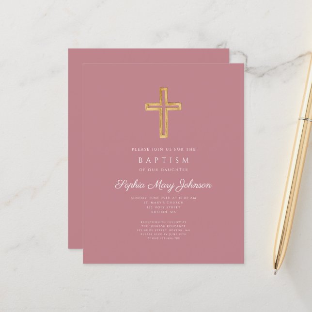 Papier Budget Pink Religieux Cross Girl Baptism (Devant/Arrière en situation)