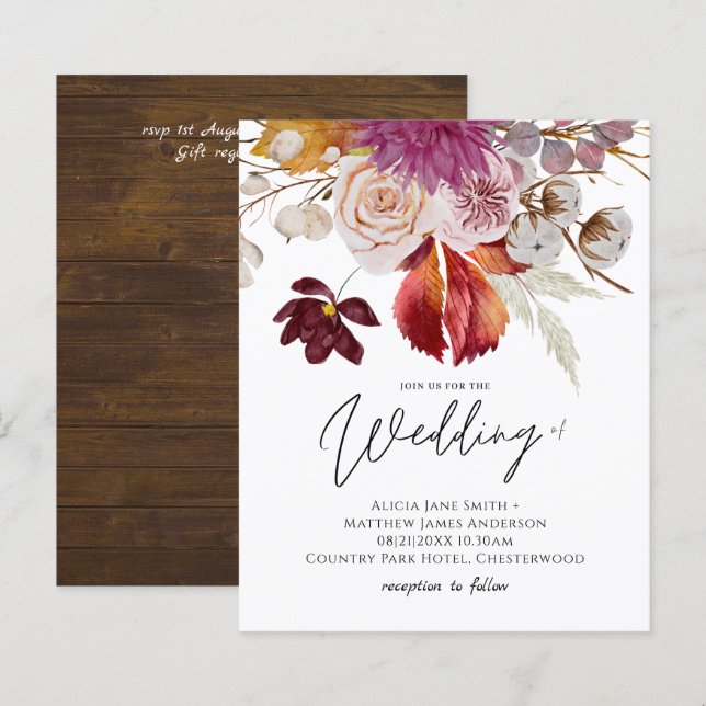 Papier BUDGET Plum Cinnamon Mariage Automne Florales (Devant / Derrière)