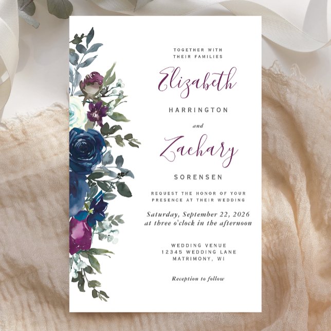 Papier Budget Plum Floral Marine Blue Faire-part de maria (Créateur téléchargé)
