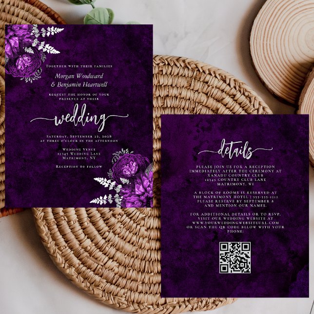 Papier Budget Plum Silver Floral QR Code Wedding Invite (Créateur téléchargé)