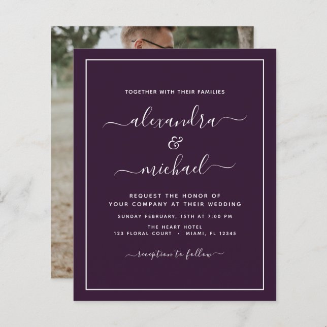 Papier Budget Plum violet Mariage avec invitation photo (Devant / Derrière)