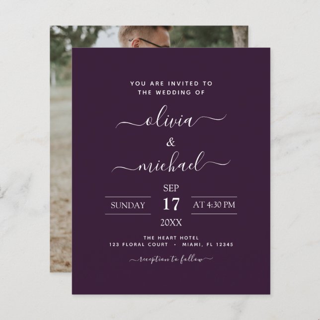 Papier Budget Plum violet Mariage avec invitation photo (Devant / Derrière)