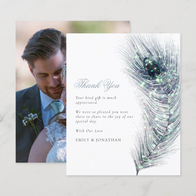 Papier BUDGET Plume de Paon Photo Mariage Remerciements (Devant / Derrière)