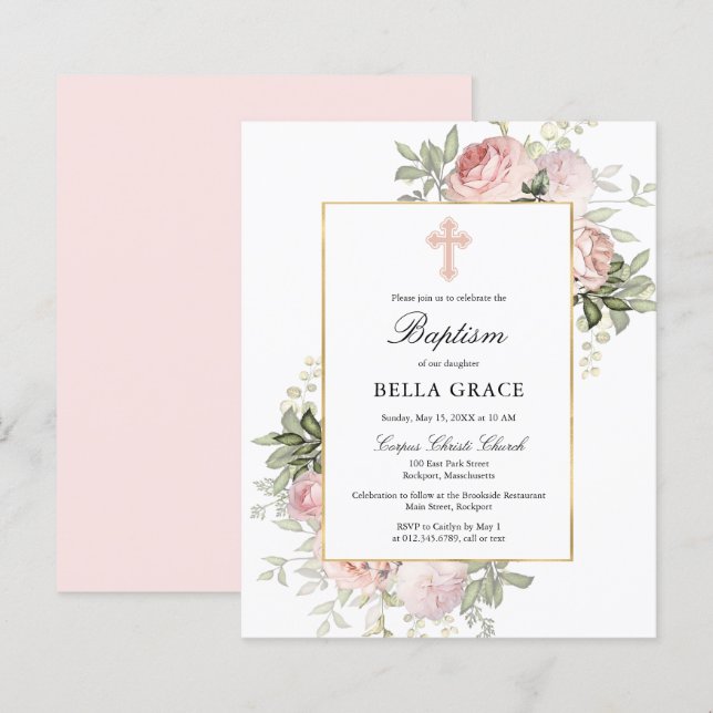 Papier Budget Plutôt Rose Rose Floral Baptême Invitation (Devant / Derrière)