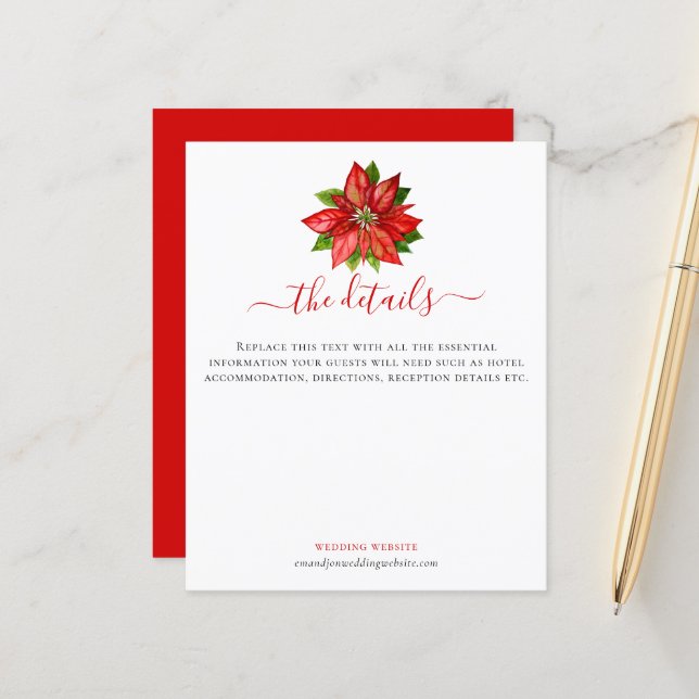 Papier Budget Poinsettia Script de Noël Détails du Mariag (Devant/Arrière en situation)
