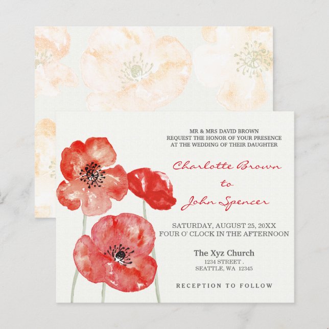 Papier Budget Poppies Invitations de mariage florales mod (Devant / Derrière)