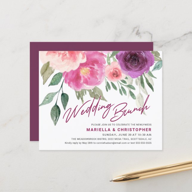 Papier Budget Post Mariage Brunch Aquarelle Rose Peonies (Devant/Arrière en situation)