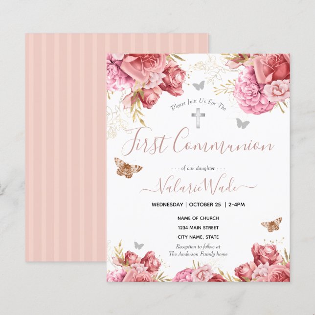 Papier Budget Première Communion Papillons Floraux Roses (Devant / Derrière)