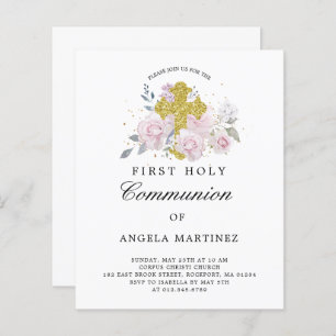 Papier Budget Première Communion rose Floral Invitation