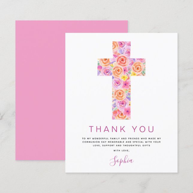 Papier Budget Première Sainte Communion Merci Floral rose (Devant / Derrière)