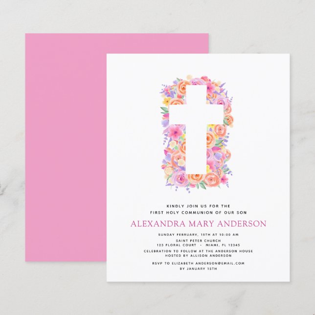 Papier Budget Première Sainte Communion Pastel Floral Ros (Devant / Derrière)
