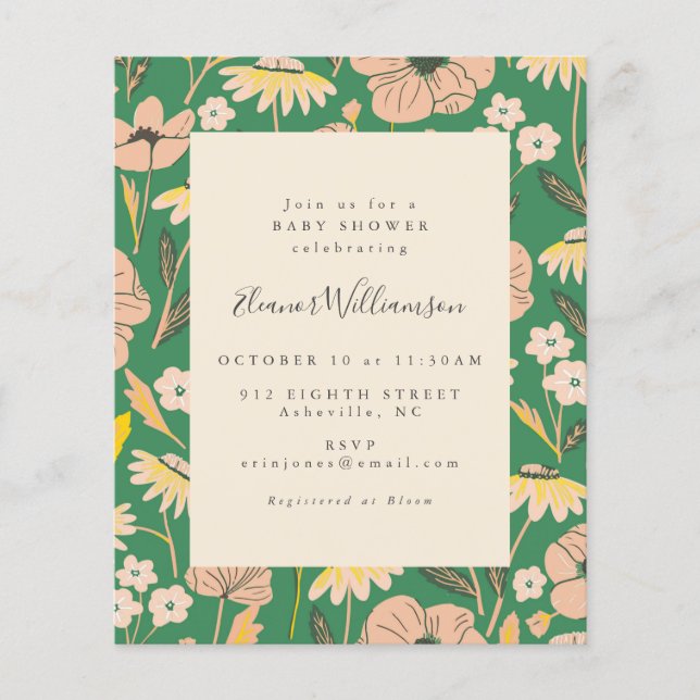 Papier Budget Printemps vert Baby shower floral Invitatio (Devant)