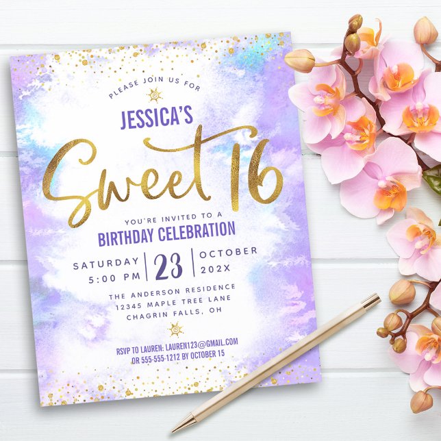 Papier Budget Purple Aquarelle Sweet 16 Gold Invitation (Créateur téléchargé)